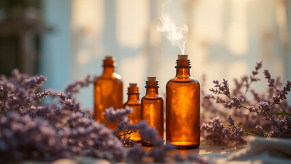 Amber Glass Bottles With Golden Oil Vapor Amidst Lavender Sprigs And Lace