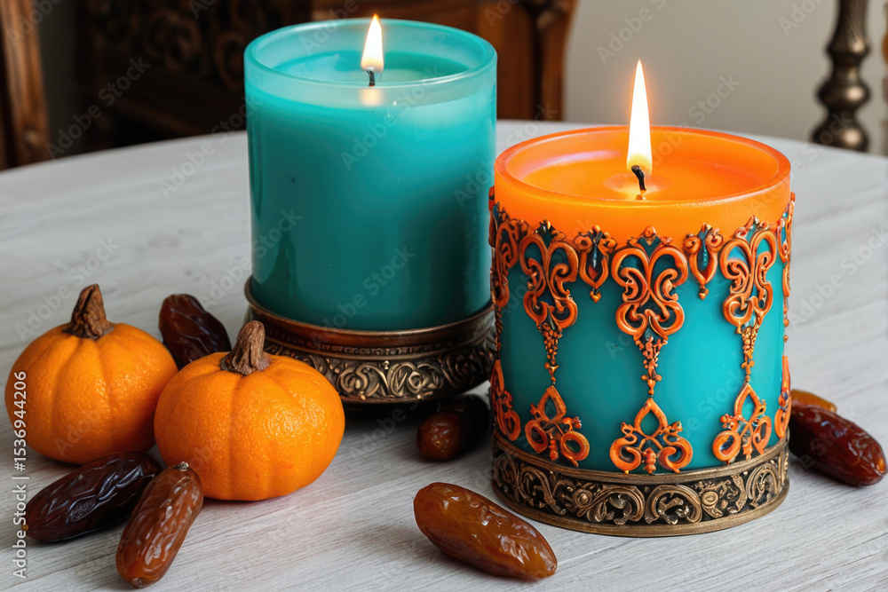 Poster a candle and several dates sit on a table