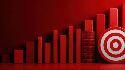 Red bar graph with target symbol on red background, symbolizing growth and success