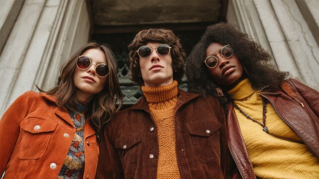 A fashion editorial scene featuring a mix of 1970s-inspired clothing, including corduroy, turtlenecks, and suede jackets