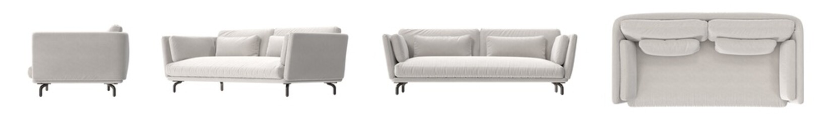 modern beige fabric sofa furniture multiple view isolated.