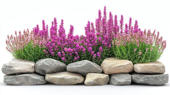 A low stone wall, topped with vibrant pink flowers and greenery, isolated against white