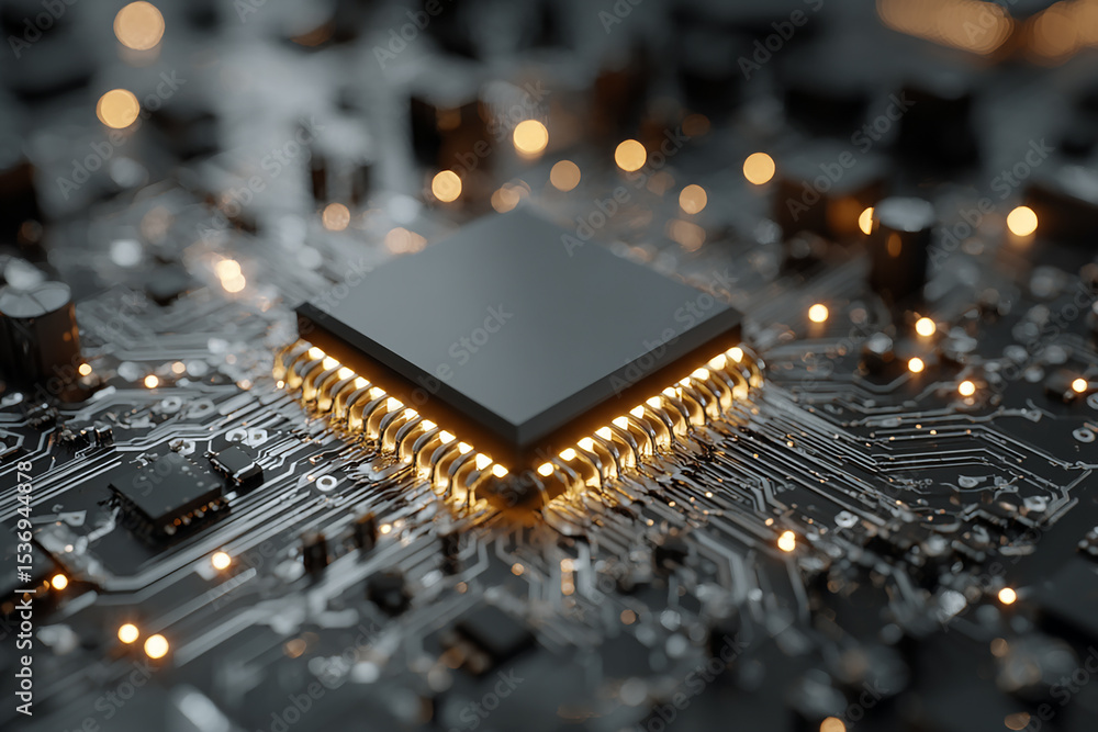 Poster illuminated microprocessor on circuit board technological marvel glowing components intricate design