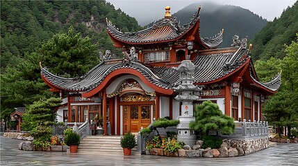 Obraz premium Traditional Chinese mountain temple with detailed rooftops and gardens high resolution image