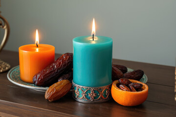 A table setting with two candles and a plate of dates, perfect for a romantic dinner or special occasion