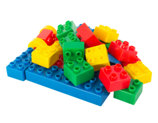 Isolated photo of soviet construction block toy parts on white background.