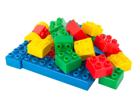 Isolated photo of soviet construction block toy parts on white background.