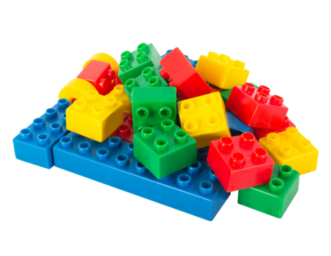 Isolated photo of soviet construction block toy parts on white background.