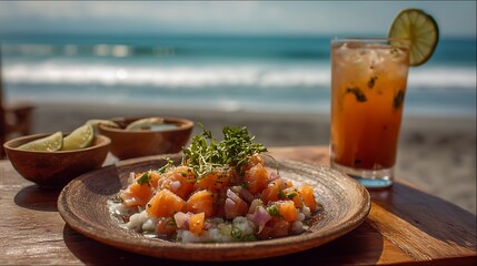 Beachside ceviche meal served with a drink