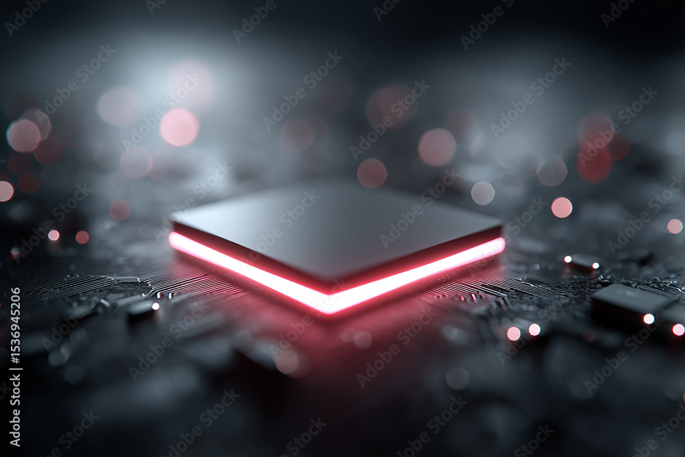 Poster illuminated processor on a circuit board glowing red technology future