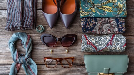 A flat lay of vintage accessories: cat-eye sunglasses, silk scarves, retro purses, and classic high heels on a wooden table