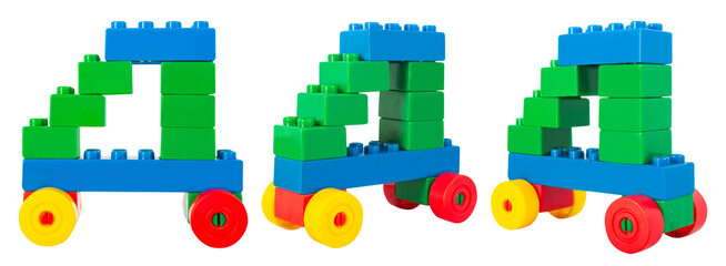 Fototapeta premium Isolated photo of construction block toy vehicle on white background.