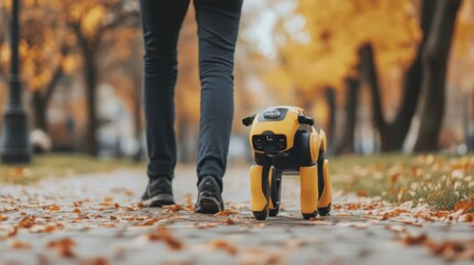 Person walking robot dog autumn park