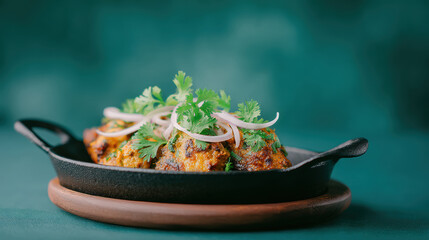 Savory meatballs garnished with fresh cilantro and onion slices in black skillet