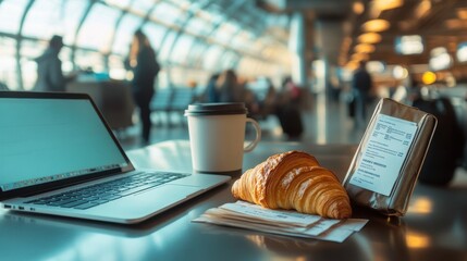Businessman having breakfast at airport lounge working on laptop