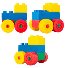Fototapeta premium Isolated photo of construction block toy small car on white background.