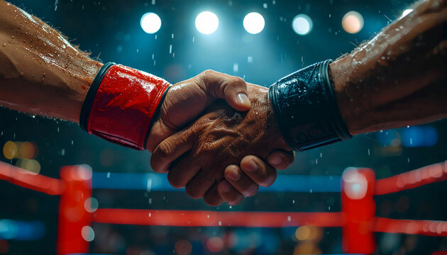 Handshake between muscular athletes in boxing gloves under bright arena lights. Futuristic style with vibrant blue color and glowing light effects. Ideal for concepts of sportsmanship, respect