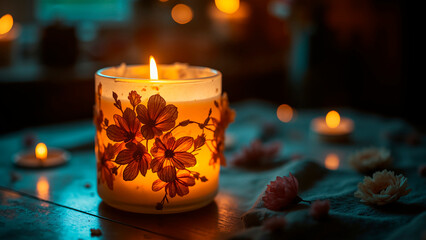 Golden Waxed Flowers in Tranquil Massage Candle Lighting, Luxurious Ambiance