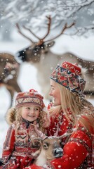 Sami family with reindeer enjoying winter day in lapland