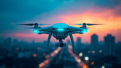 Futuristic Drone Silhouette Amidst Rain-Streaked Metropolis Twilight