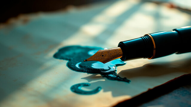 Obsidian Ink Flowing on Aged Parchment in Warm Light, Elegant Gradient