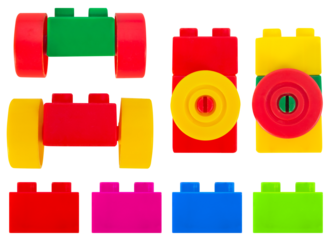 Isolated photo of construction block toy parts on white background.