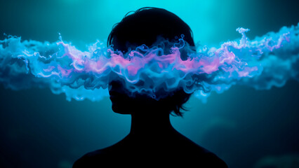 Serene Underwater Dreamscape – Teal Violet Waves Within Human Silhouette