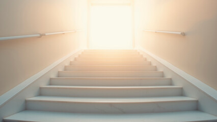 Serene White Marble Staircase Ascending to Golden Light, Ethereal Composition