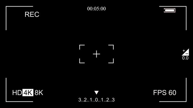 Camera Viewfinder Screen Overlay, Camera viewfinder overlay with alpha channel, Fully Isolated Black Background ,1 Minute Stock 4k Video