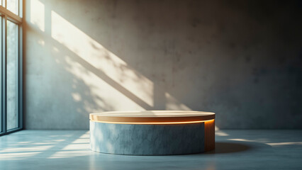 Modern Concrete Podium with Warm Wood Accent, Natural Light Focus