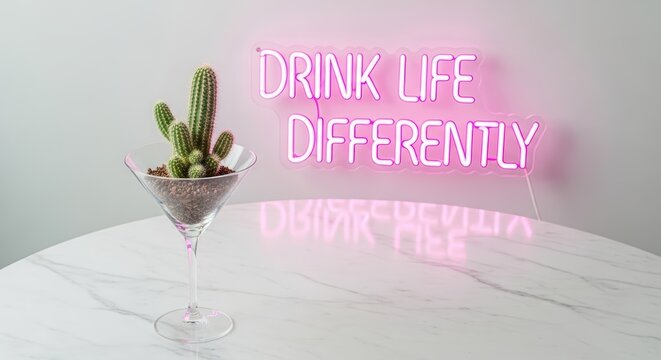 A cactus plant in a martini glass with a neon sign message on a table.