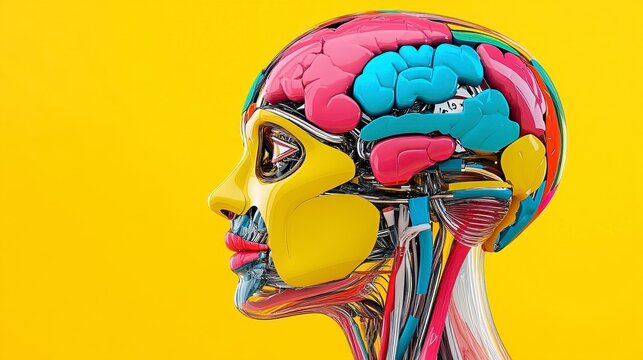 Colorful Stylized Female Head with Segmented Brain Anatomy, Yellow Background