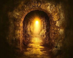 Mysterious Golden Light at End of Stone Tunnel