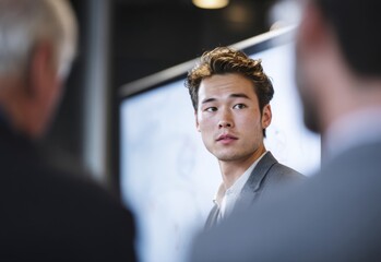 Asian professional leads a diverse team in meeting around a table, engaging in strategic discussion and fostering corporate success through modern workplace collaboration and technology integration
