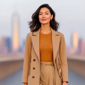Confident Woman in Beige Coat on City Bridge