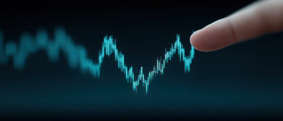 Finger points at glowing digital graph line on dark background, symbolizing data analysis