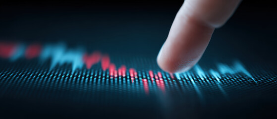 Finger interacts with digital screen displaying financial graph, highlighting data analysis