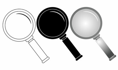 set of magnifying glass icons in outline, silhouette solid black, and realistic glossy style, useful for search, explore, zoom, inspection, and detective concepts or infographic design.