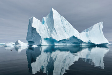 A large iceberg floating in the middle of a body of water, suitable for use as a background or as an element in a scene
