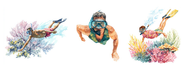 Fototapeta premium Man snorkels in coral-filled water, Hawaii, watercolor clipart illustration with isolated background.