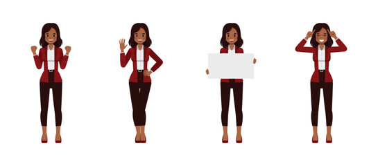 Black businesswoman wear red suit character vector illustration design set. Women having idea.