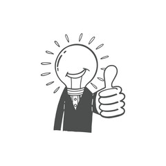 Cartoon Lightbulb Man in Suit Giving Thumbs Up for a Great Idea