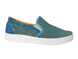Isolated photo of denim slip on shoe on white background.