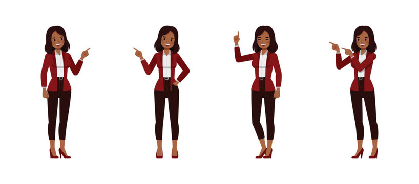 Black businesswoman wear red suit character vector illustration design set. Women point finger.
