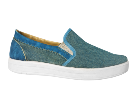 Isolated photo of denim slip on shoe on white background.