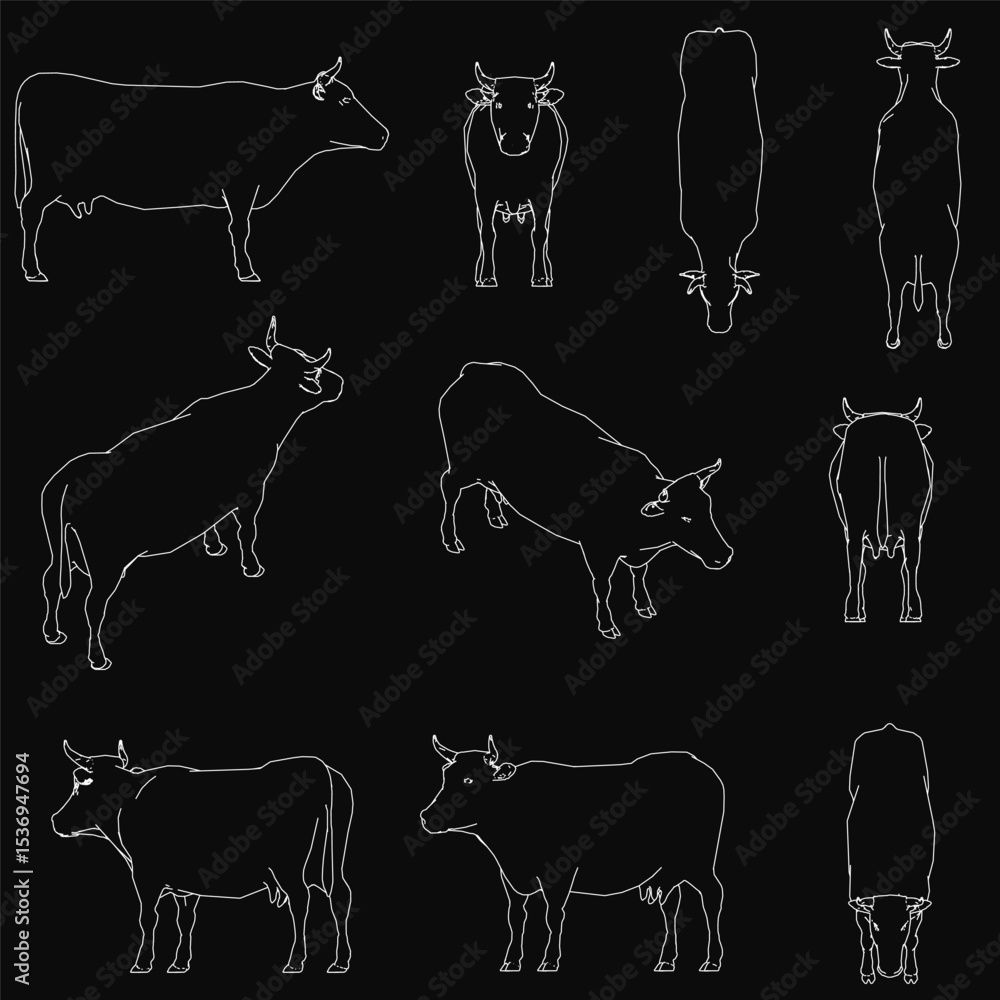 Poster a set of cow silhouettes in various sizes and shapes stands out against a black background, creating