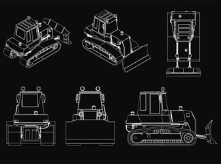Detailed bulldozers in a set, each with unique designs and bright colors, standing out against a black background. The illustration highlights heavy machinery features like tracks, blades