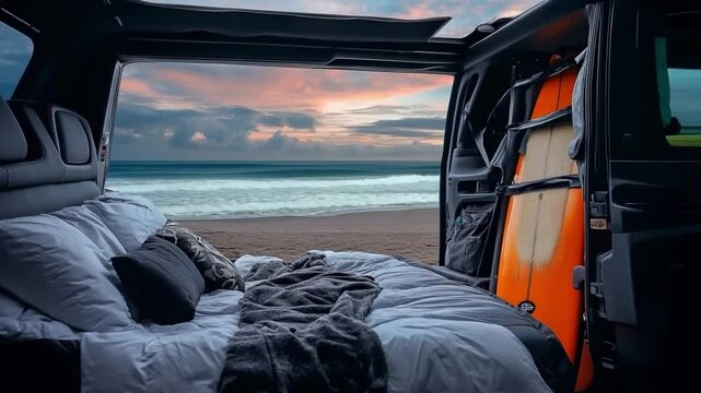 Serene beach view from the interior of a van with a surfboard, capturing the essence of travel and adventure. The interior features a bed, pillows, and blankets.
