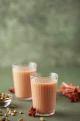 Traditional middle eastern beverage, indian drink masala or arabian karak chai. Closeup