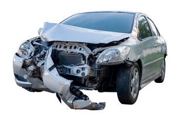 Car crash, Front view of gray sedan car get damaged by accident on the road. damaged cars after collision. isolated on transparent background. PNG File